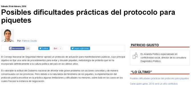 Columna de opinión de Patricio Giusto para Infobae sobre el protocolo de piquetes